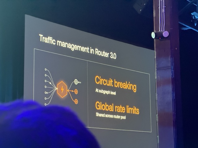 Slide titled Traffic management in Router 3.0, covering circuit breaking at the subgraph level and global rate limits shared across the router pool